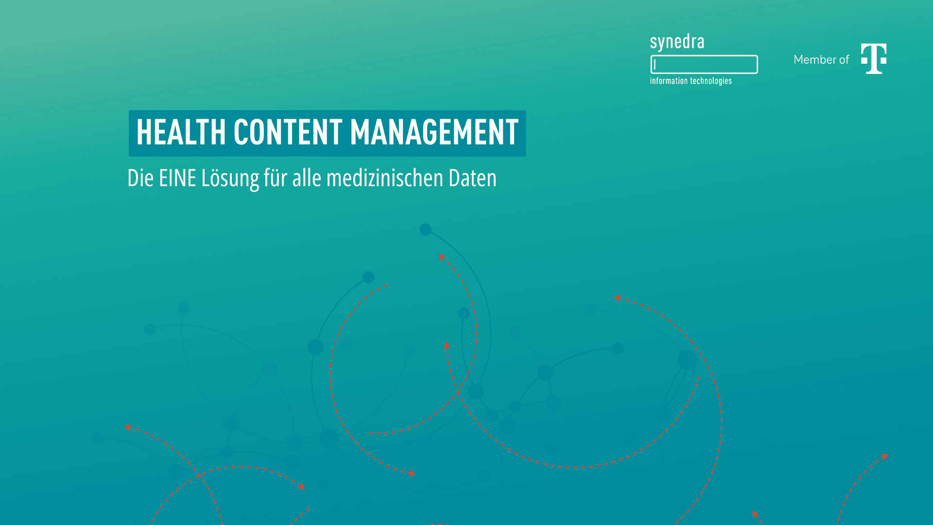 Eine türkisfarbene Grafik mit dem Titel „HEALTH CONTENT MANAGEMENT“ und dem Untertitel „Die EINE Lösung für alle medizinischen Daten“. Oben rechts sind die Logos von synerda und der Telekom zu sehen. Rote und blaue kreisförmige Muster zieren den Hintergrund.