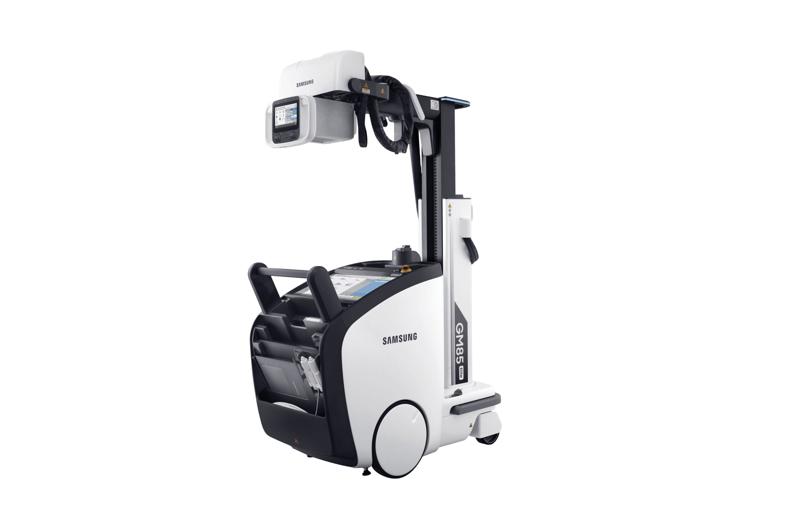 Ein tragbares Samsung GM85-Röntgengerät mit Rollen, einem Touchscreen-Display und einem verstellbaren Arm, das für die mobile medizinische Bildgebung in klinischen Einrichtungen konzipiert ist.