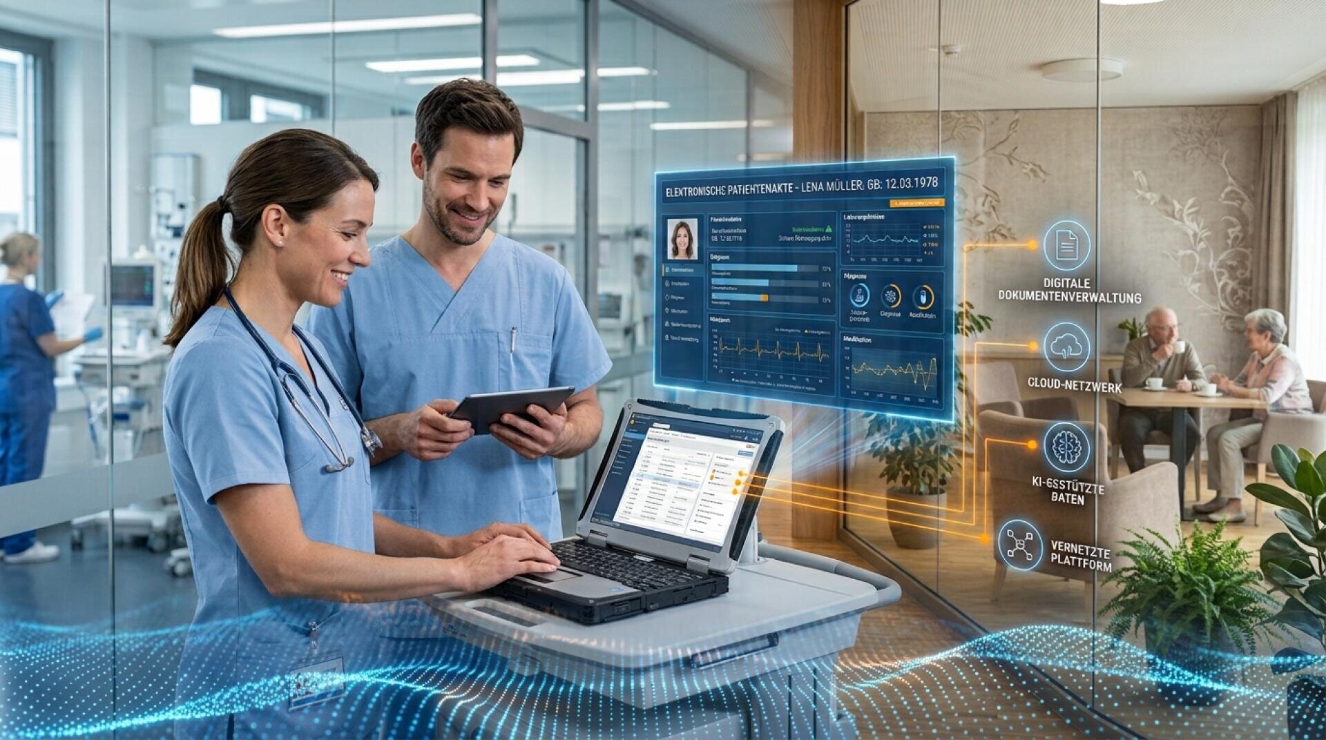 Zwei medizinische Fachkräfte in OP-Kleidung arbeiten mit einem Laptop und einem Tablet vor einer Glaswand, auf der digitale Gesundheitsdaten angezeigt werden; im Hintergrund einer modernen medizinischen Einrichtung sind weitere Mitarbeiter und Patienten zu sehen.