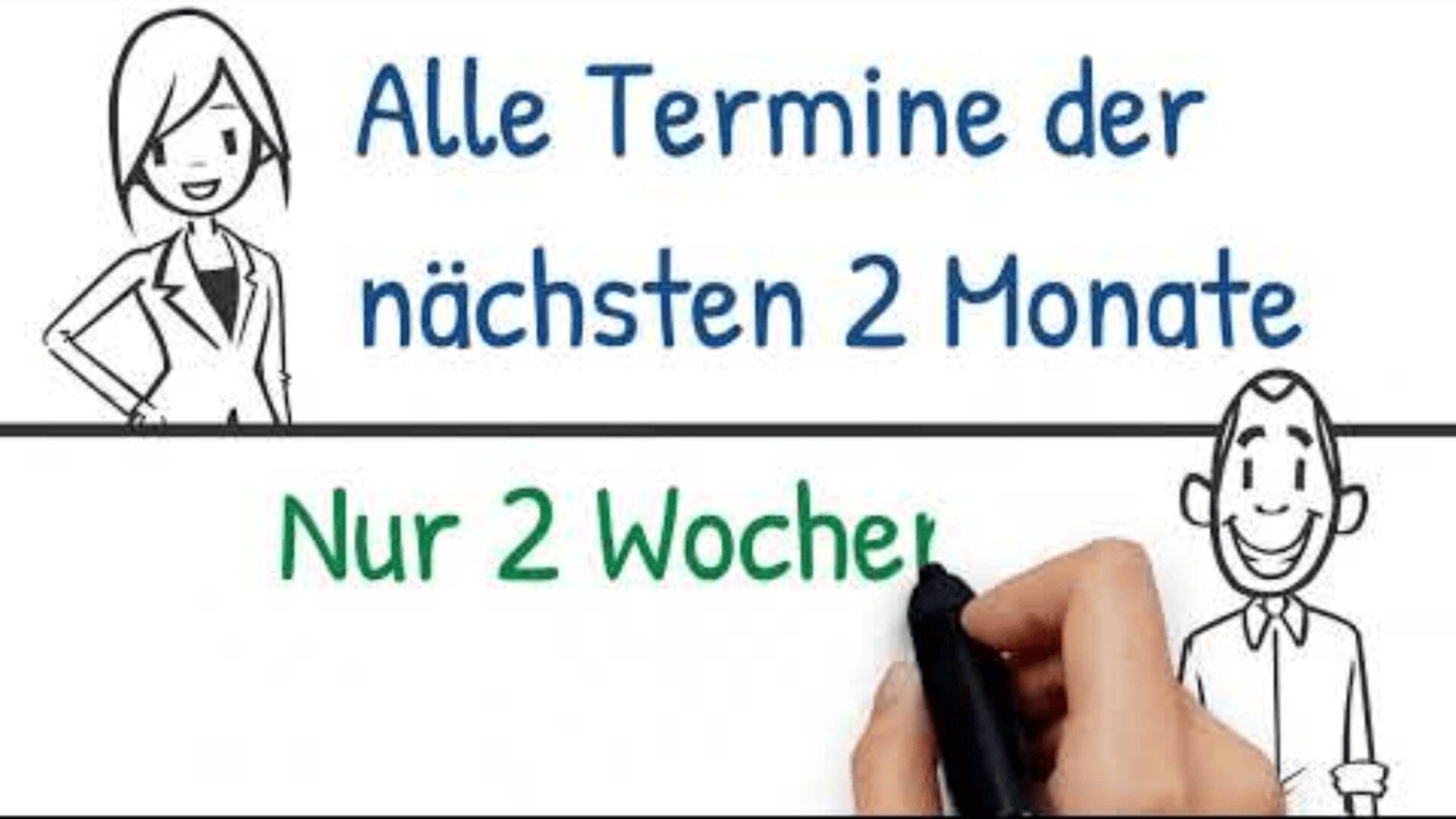 Eine Hand schreibt in grüner Schrift Nur 2 Wochen auf eine Tafel. Darüber steht in blauer Schrift Alle Termine der nächsten 2 Monate. Cartoon-Figuren, eine lächelnde Frau auf der linken und ein Mann auf der rechten Seite, umrahmen den Text.