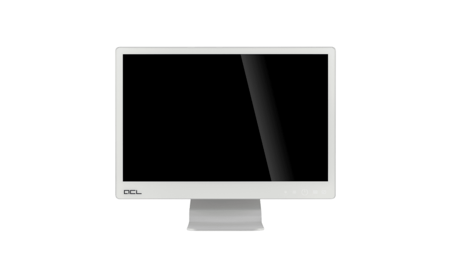 Ein weißer Computermonitor mit einem leeren schwarzen Bildschirm, von vorne betrachtet, vor einem schlichten hellen Hintergrund. Der Monitor zeichnet sich durch ein schlichtes, modernes Design aus und weist ein kleines Logo am unteren linken Rand auf.