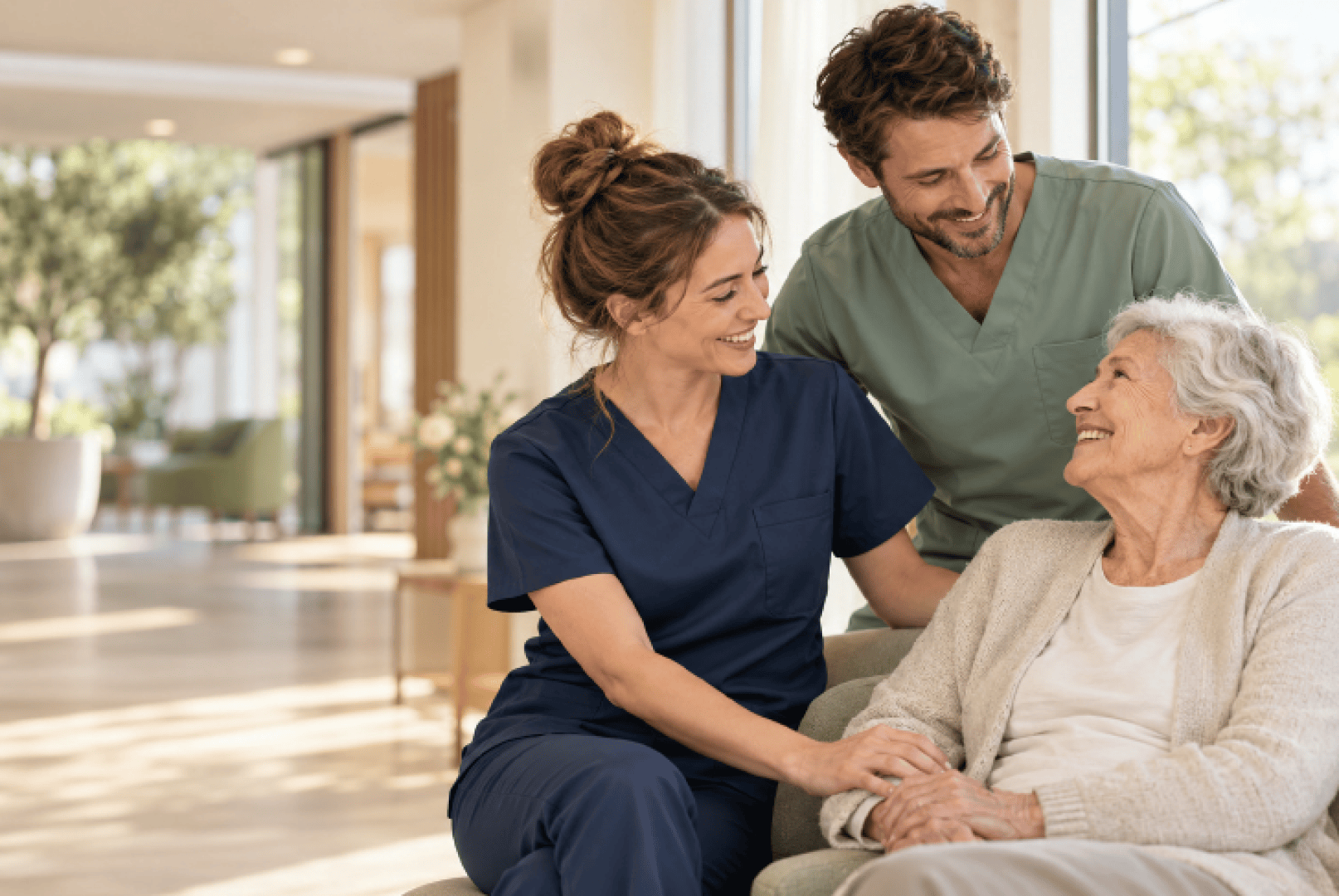 Une infirmière et un infirmier qui discutent en souriant avec une femme âgée assise sur une chaise.