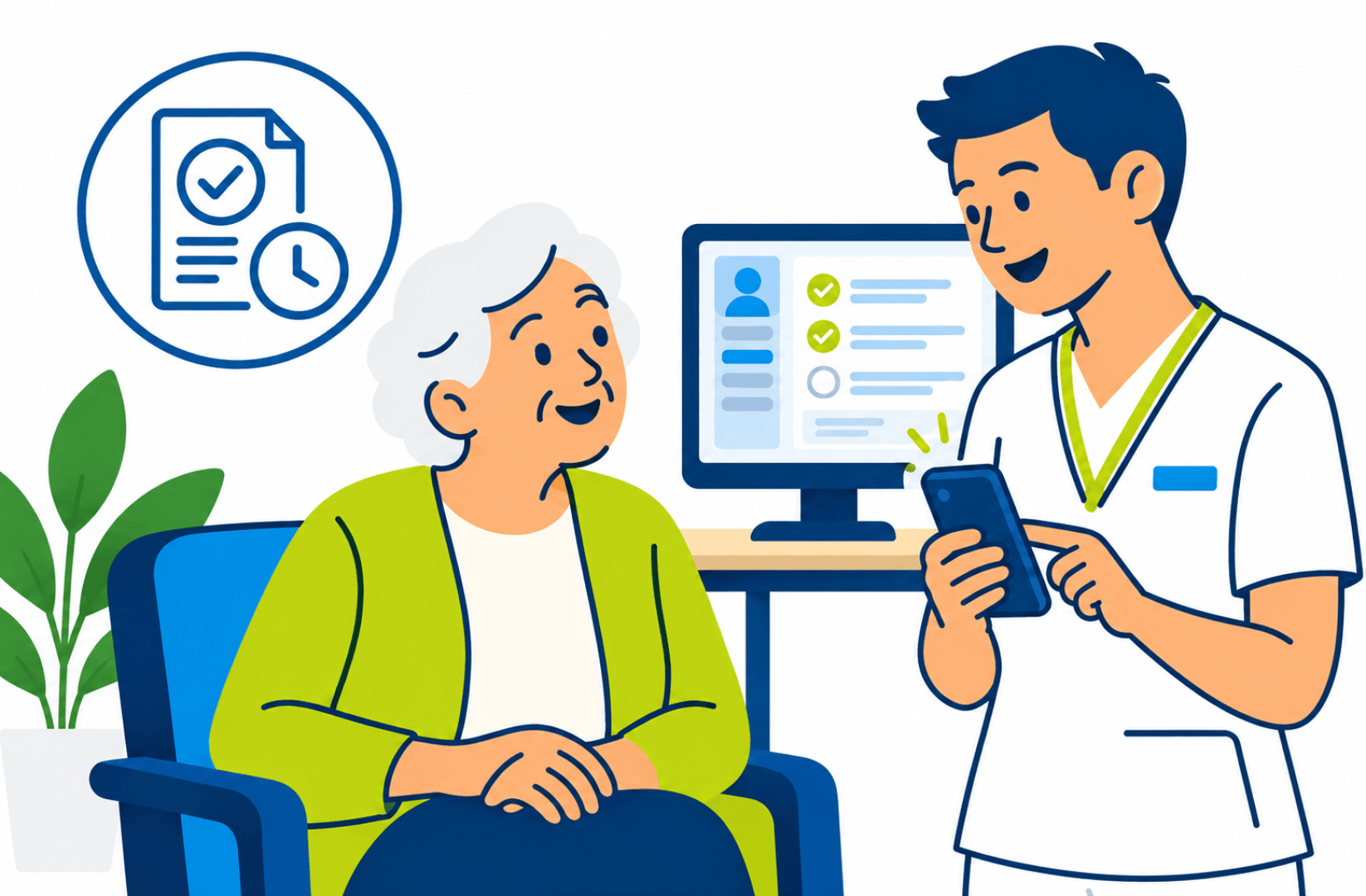 Un professionnel de la santé montre des informations à une femme âgée sur un smartphone. Des documents médicaux sont visibles sur un écran d'ordinateur.
