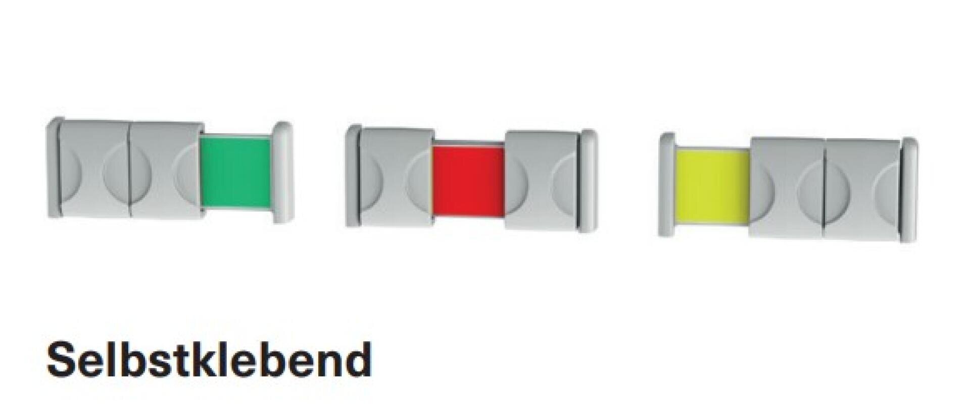Trois pinces en plastique autocollantes maintiennent chacune une bande de couleur – verte, rouge et jaune – sur un fond blanc. Sous les pinces figure la mention « Autocollant ».