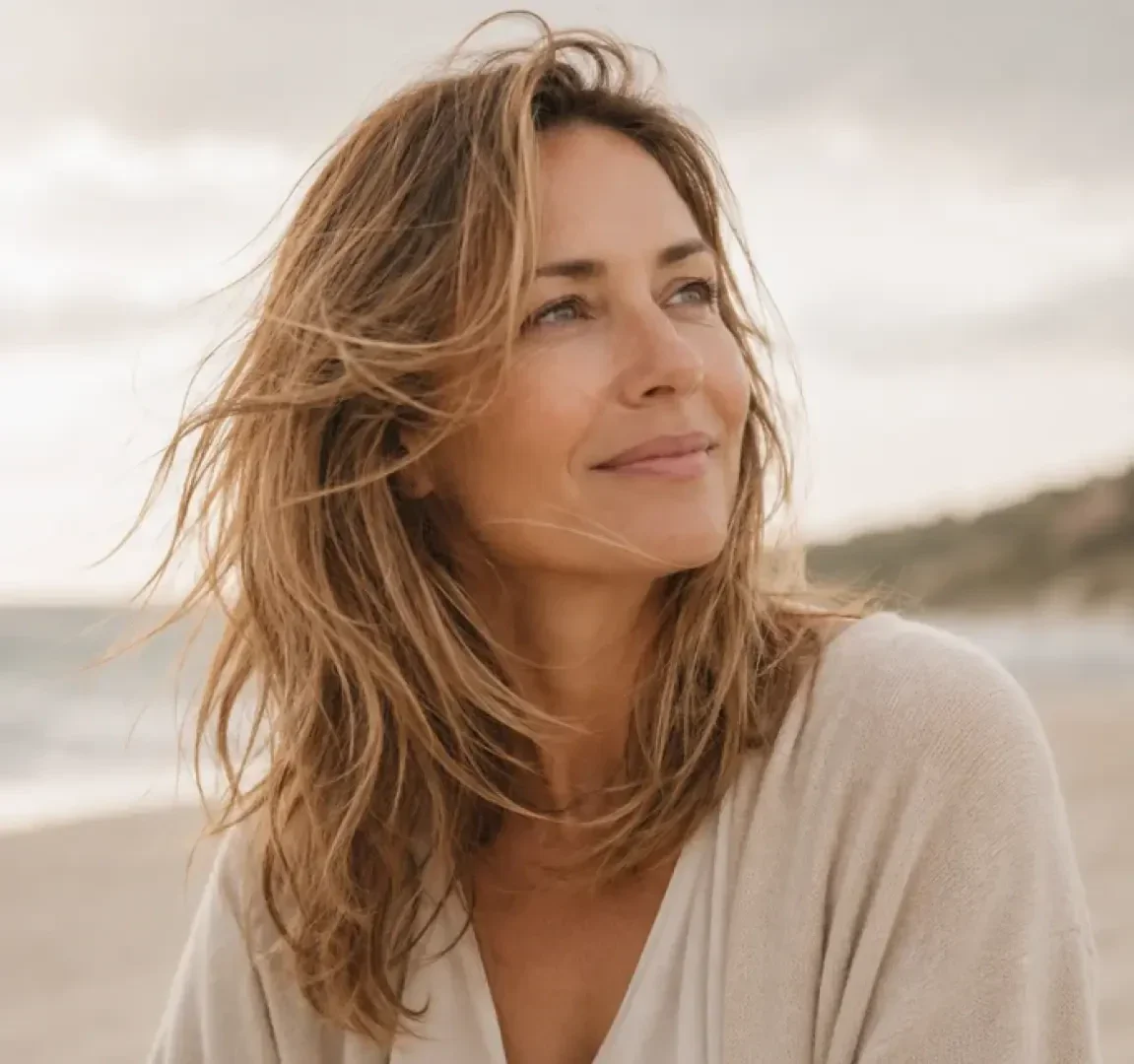Une femme sur une plage, qui détourne le regard de l'appareil photo.