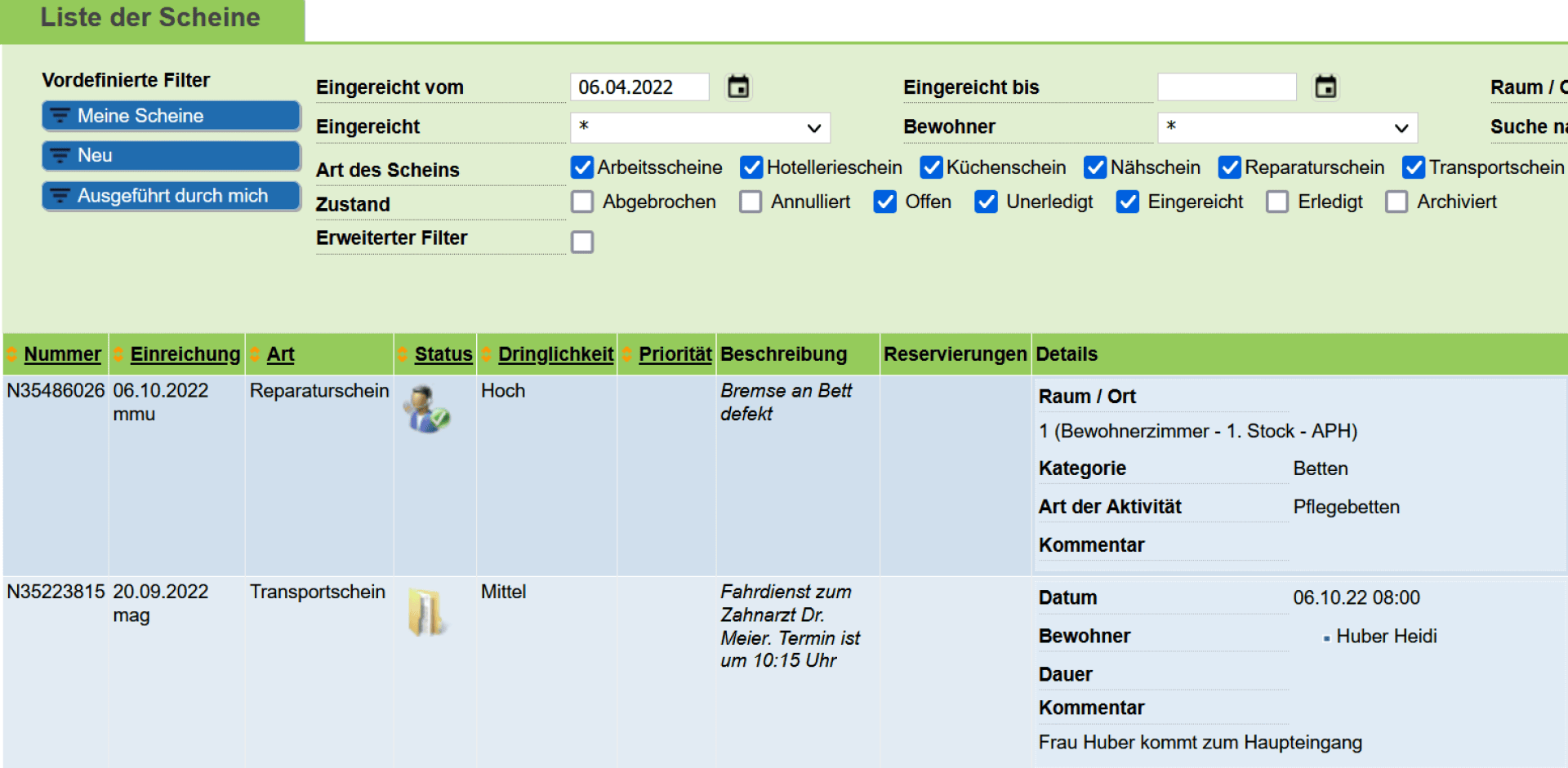 Ein Screenshot eines deutschen Systems zur Verwaltung von Arbeitsaufträgen zeigt zwei Wartungsanfragen mit Details wie Art, Datum, Dringlichkeit, Priorität, Status, Bewohnername und Reservierungsdetails. Oben sind Filter und Kontrollkästchen ausgewählt.