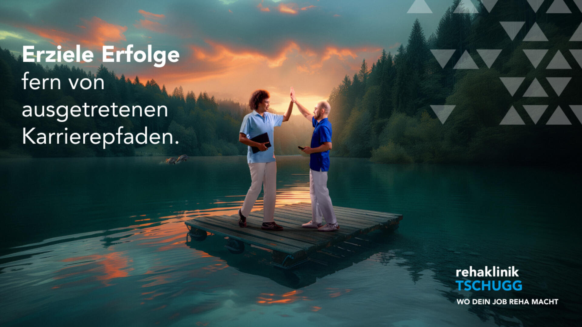 Zwei Menschen stehen bei Sonnenuntergang auf einem Steg, umgeben von einem malerischen See und Wald, und geben sich gegenseitig ein High Five. Text in Deutsch wirbt für beruflichen Erfolg abseits der traditionellen Wege für die Rehaklinik Tschugg.