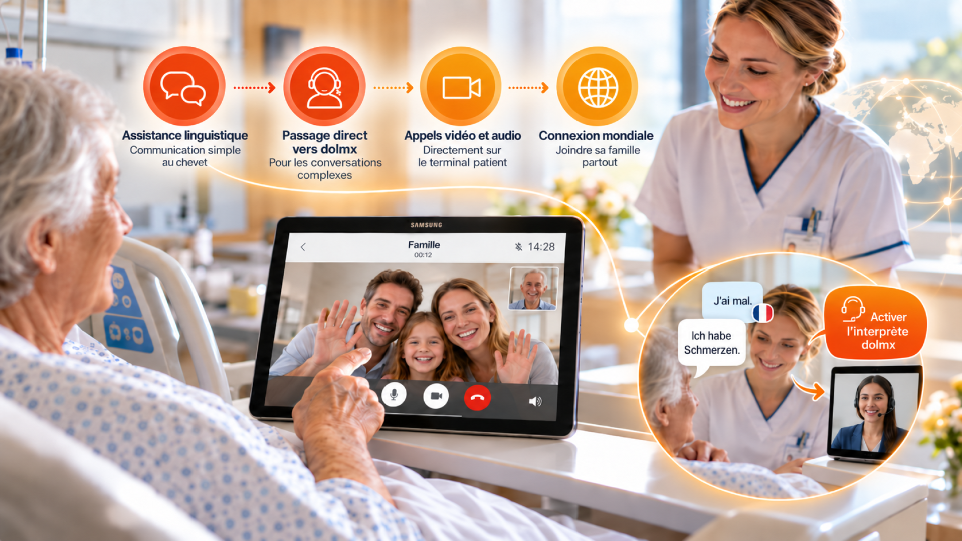 Un patient alité à l'hôpital utilise une tablette pour passer un appel vidéo, illustrant ainsi les services d'interprétation à distance et de communication avec la famille.