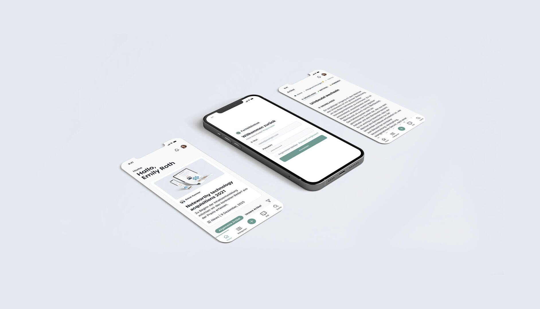 Auf drei Smartphones ist die Benutzeroberfläche einer mobilen App zu sehen, die ein Formular, eine Checkliste und eine Infografik zeigt, die auf einem weißen Hintergrund mit großzügigen Freiräumen angeordnet sind.