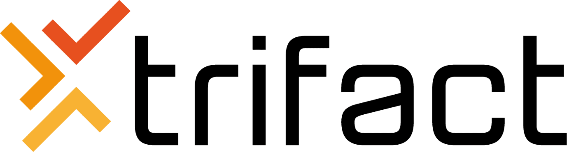 Das Trifact-Logo besteht aus dem Wort „trifact“ in schwarzen Kleinbuchstaben, links davon befinden sich orangefarbene und gelbe, hakenähnliche Formen.