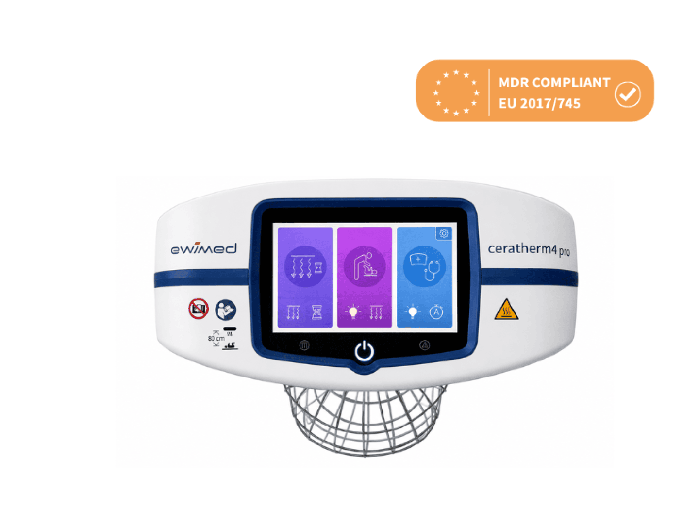 Medizinisches Wärmegerät Ewimed ceratherm4 pro mit digitalem Touchscreen, präsentiert mit einem Zertifizierungssiegel gemäß der MDR-Verordnung (EU) 2017/745.