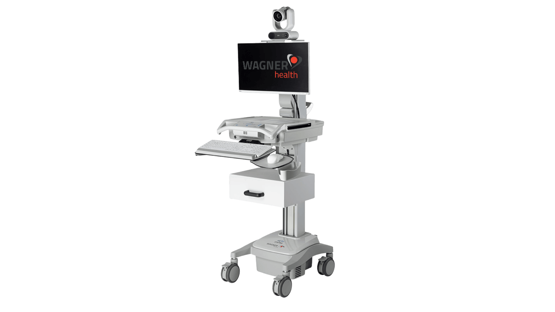 Ein medizinischer Telemedizin-Wagen mit einem Monitor, auf dem „Wagner Health“ angezeigt wird, einer Webcam oben drauf, einer Tastatur, einer kleinen Schublade und Rollen für mehr Mobilität, der für medizinische Fernkonsultationen konzipiert ist.