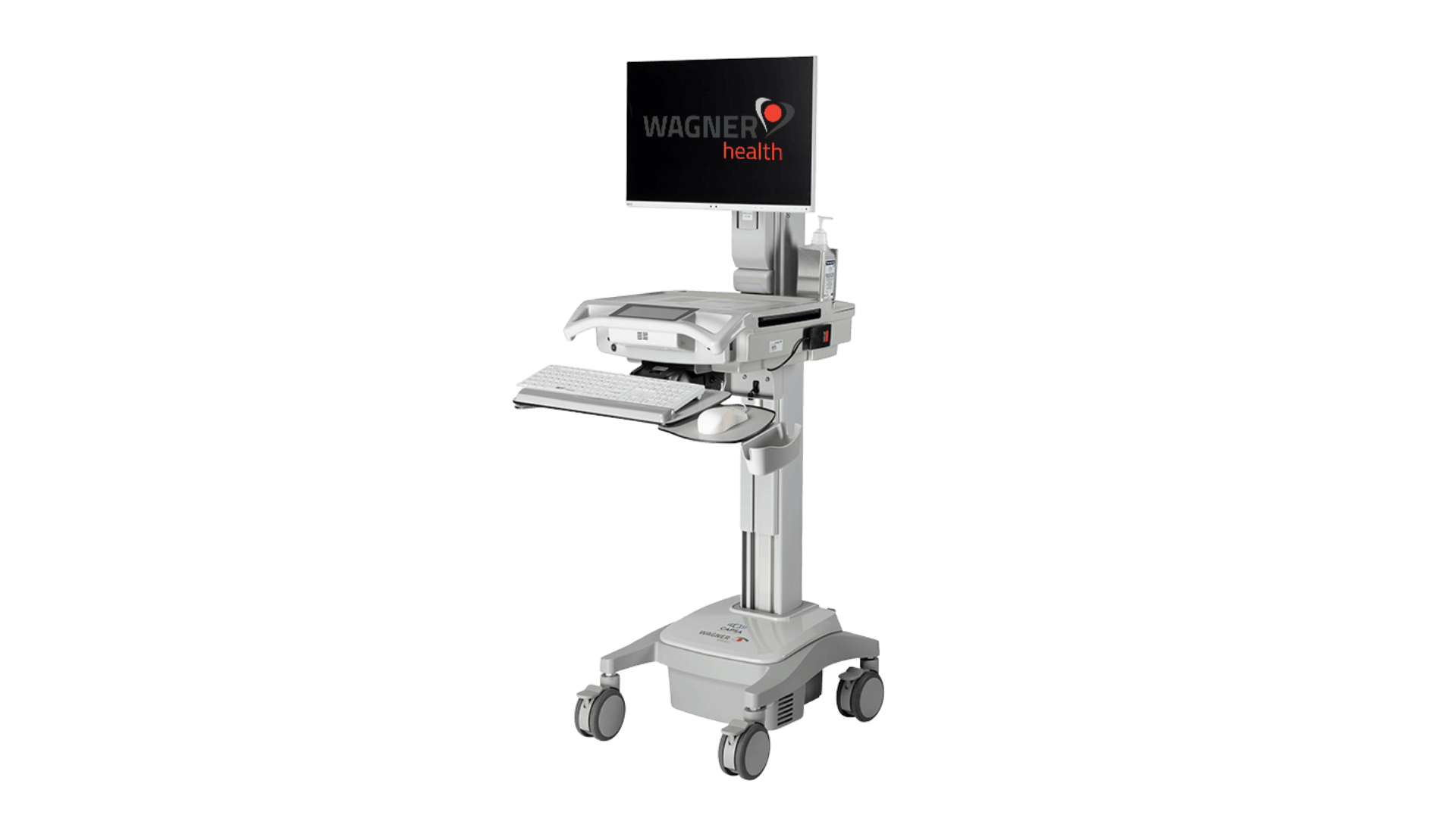 Ein mobiler medizinischer Computerarbeitsplatz auf Rädern mit einem Monitor, auf dem „WAGNER health“ angezeigt wird, einer Tastaturablage und Staufächern, konzipiert für den Einsatz im Gesundheitswesen.