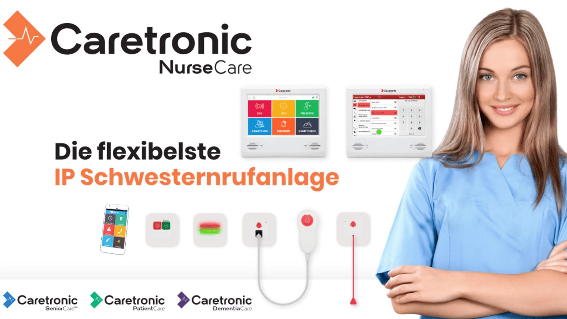 Eine lächelnde Frau in blauem Kittel steht neben verschiedenen Geräten für Schwesternrufsysteme. Der Text lautet "Die flexibelste IP-Schwesternrufanlage" und "Caretronic NurseCare", mit Logos für die verschiedenen Pflegelösungen von Caretronic am unteren Rand.