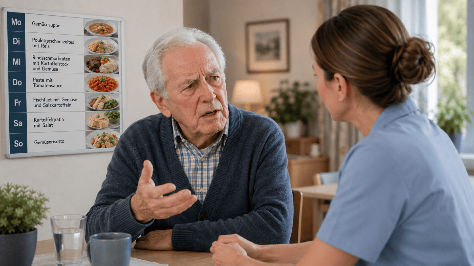 Un homme âgé discute avec un soignant à une table. Sur le mur derrière eux est accroché un menu hebdomadaire allemand illustré de photos des repas. La scène semble se dérouler dans un établissement de soins ou une maison de retraite.