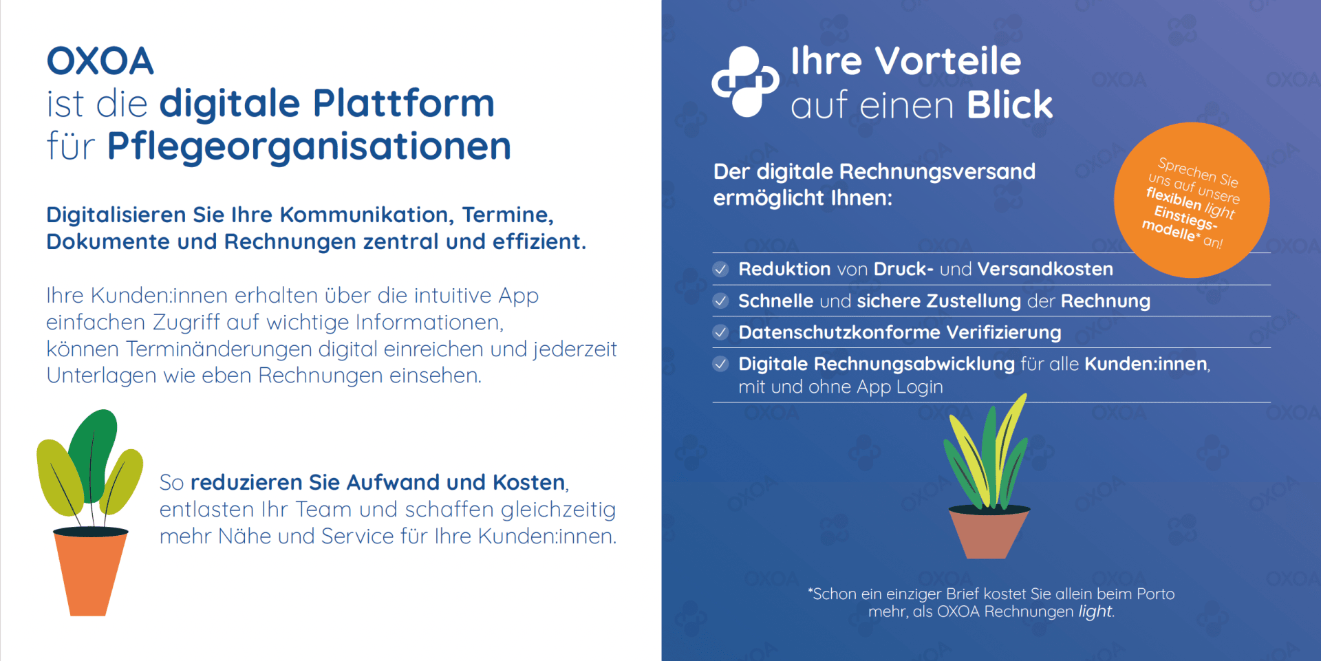 Zwei Felder: Links ist ein Text über eine digitale Plattform für Pflegeeinrichtungen zu sehen, darunter befinden sich zwei Topfpflanzen; rechts sind die Vorteile der digitalen Rechnungsstellung mit Symbolen und blauem Hintergrund aufgeführt.