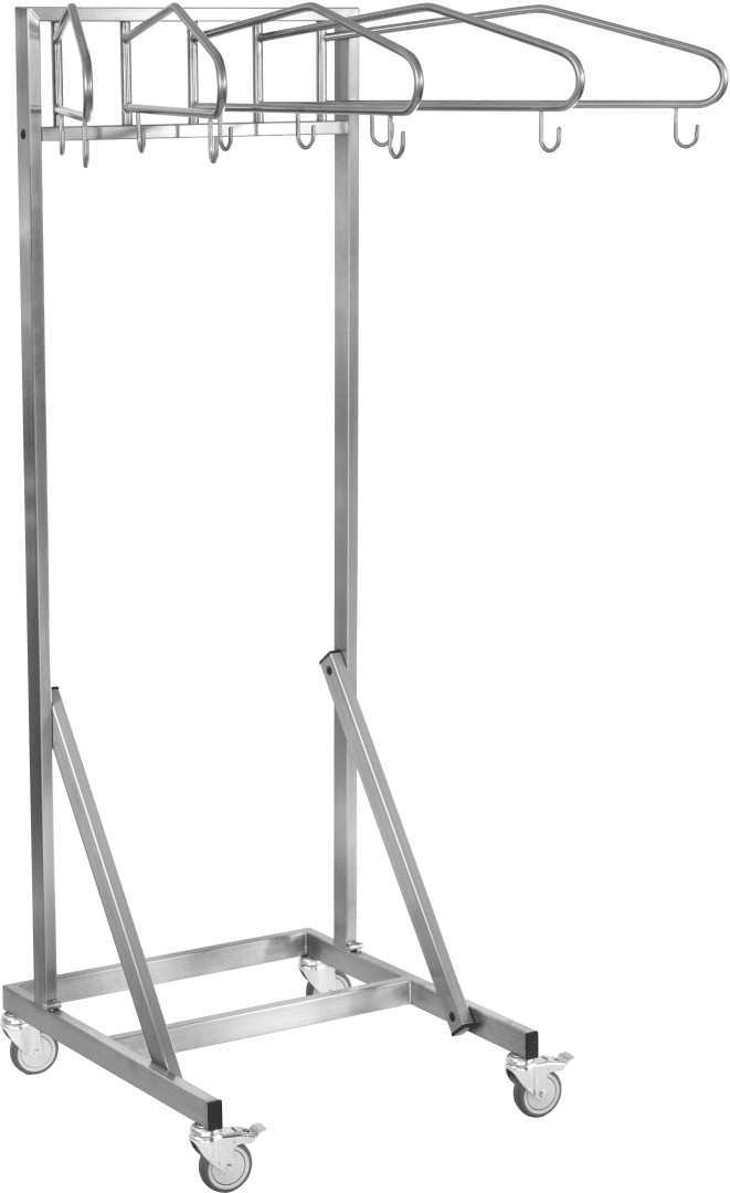 Kleiderständer aus Metall mit vier großen Rädern, fünf Bügeln und einer Schiene zum Aufhängen von Kleidung. Der Rahmen ist stabil und hat eckige Halterungen. Das Regal ist weiß hinterlegt.