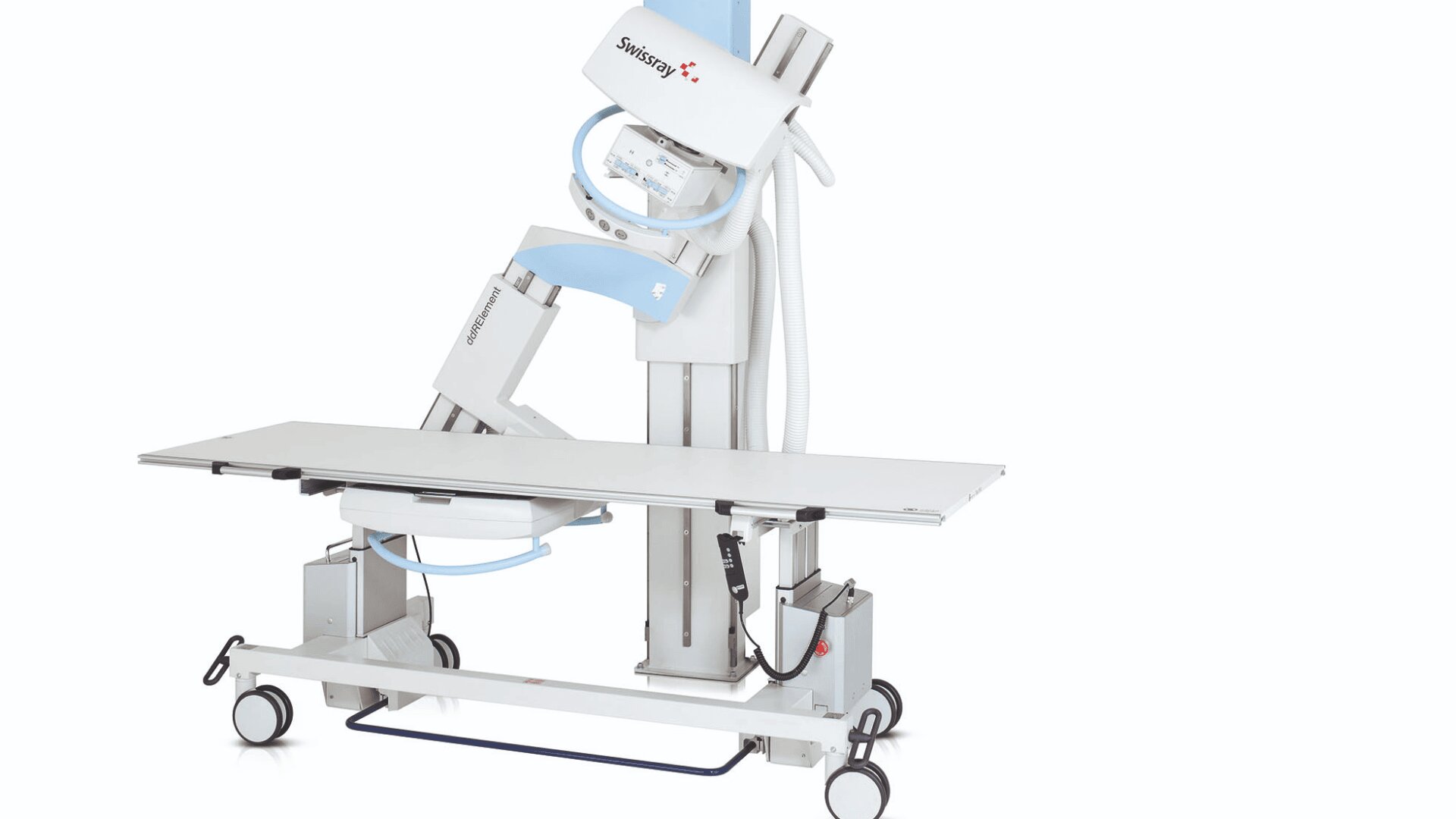 Ein tragbares medizinisches Röntgengerät mit einem rechteckigen Tisch, einem fahrbaren Untersatz, einem verstellbaren Arm und einem Bedienfeld, das für den Einsatz in Krankenhäusern oder Kliniken konzipiert ist, wird vor einem schlichten weißen Hintergrund gezeigt.