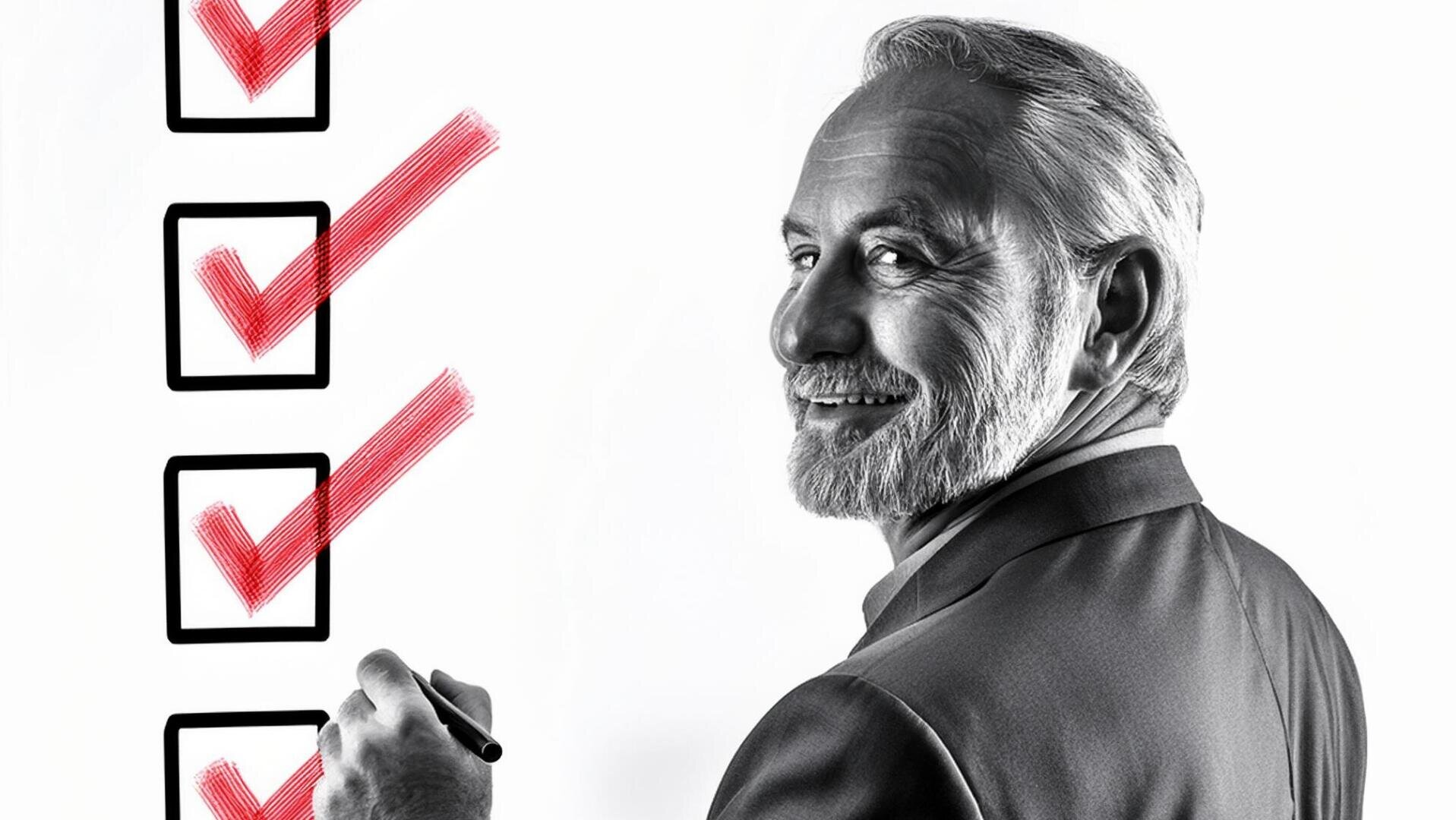 Ein lächelnder älterer Mann mit Bart markiert rote Häkchen in einer Reihe von Kontrollkästchen auf einem Whiteboard, während er über seine Schulter schaut. Das Bild ist bis auf die roten Häkchen in Schwarz-Weiß gehalten.