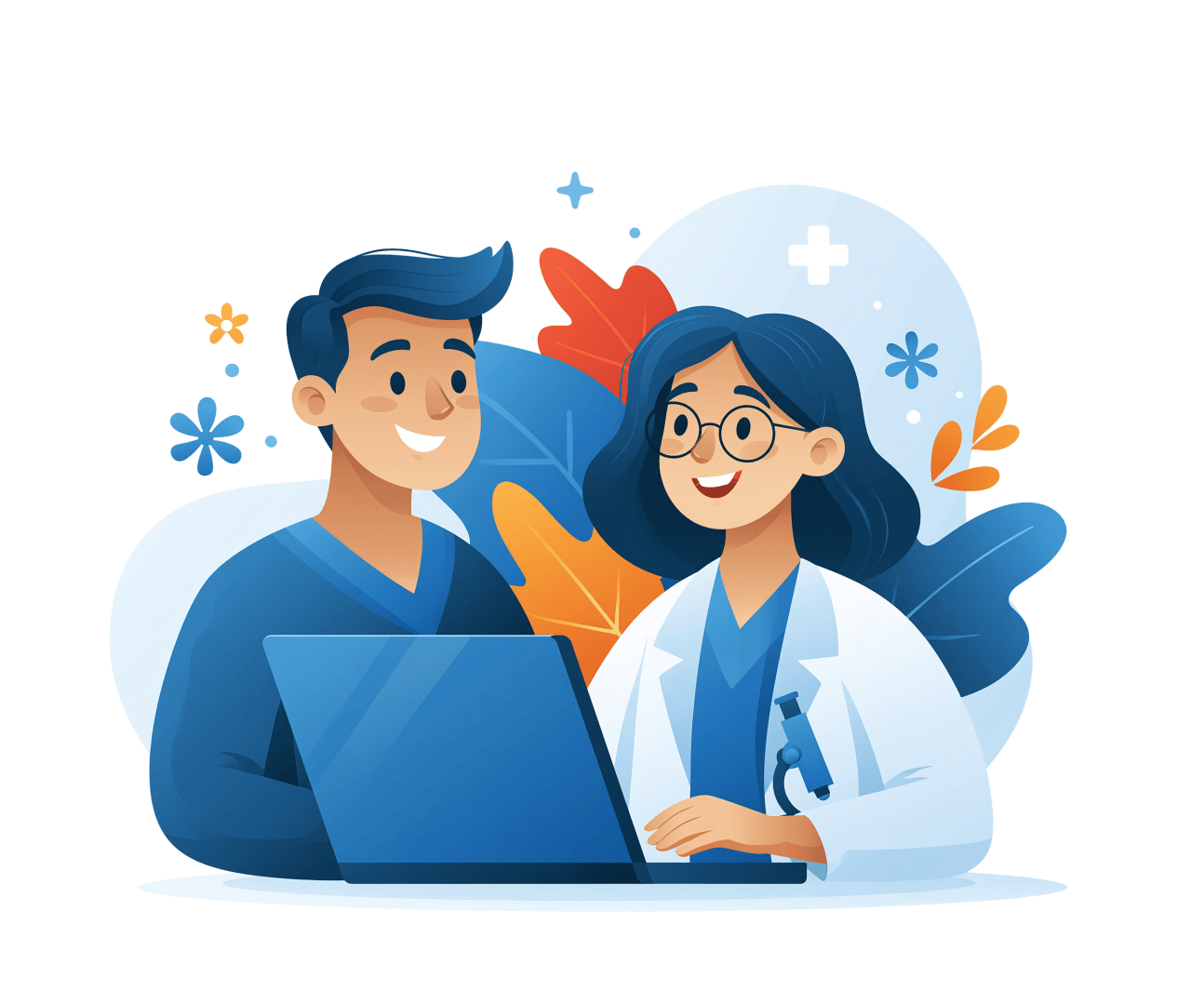 Un médecin souriant et un patient discutent tout en regardant un ordinateur portable ; autour d'eux, on aperçoit des feuilles décoratives et des symboles médicaux, le tout dans un style d'illustration joyeux et moderne.