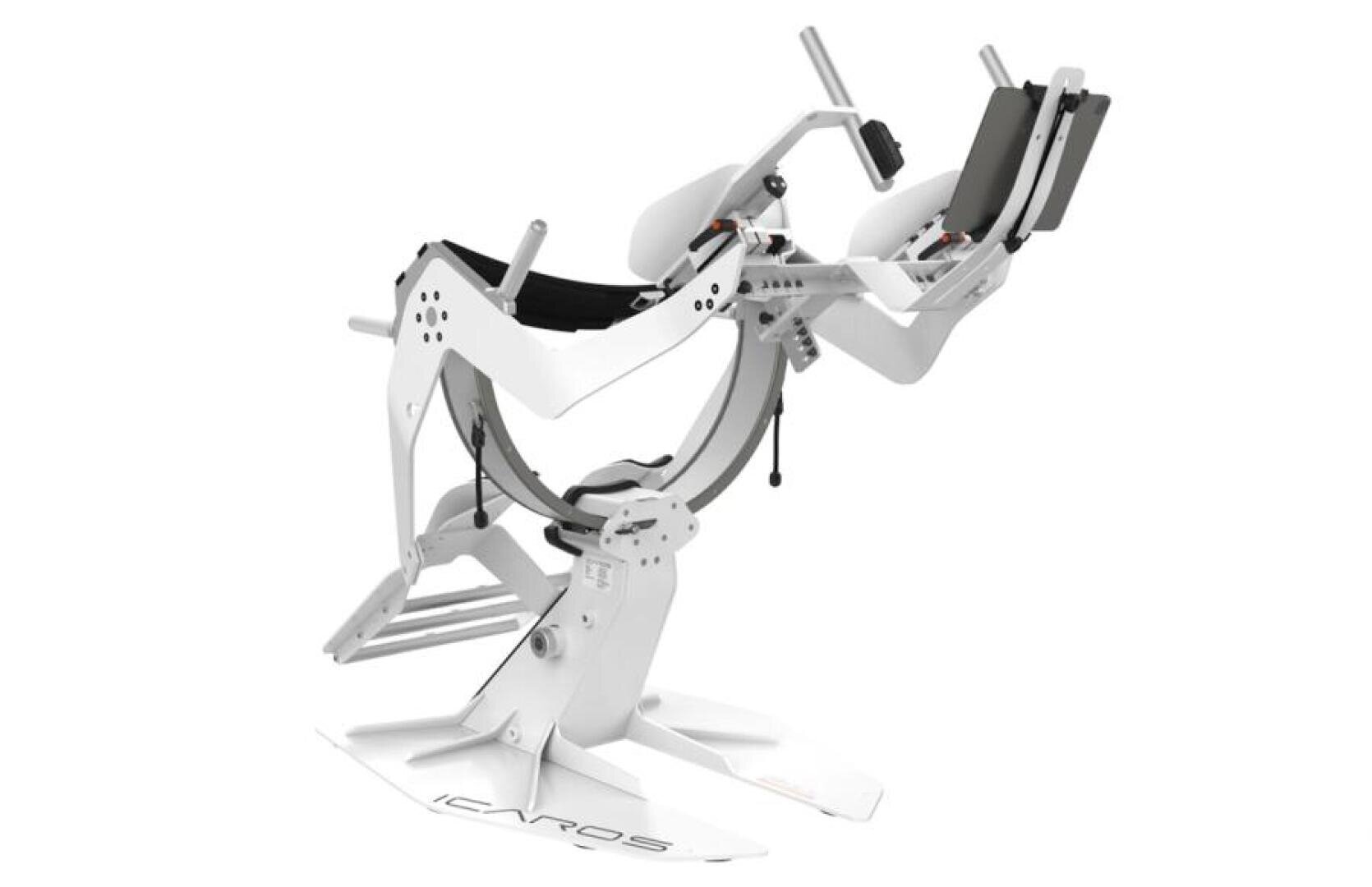 Fitnessgerät White Icaros mit einem zentralen, runden Rahmen und einer integrierten Tablet-Halterung.