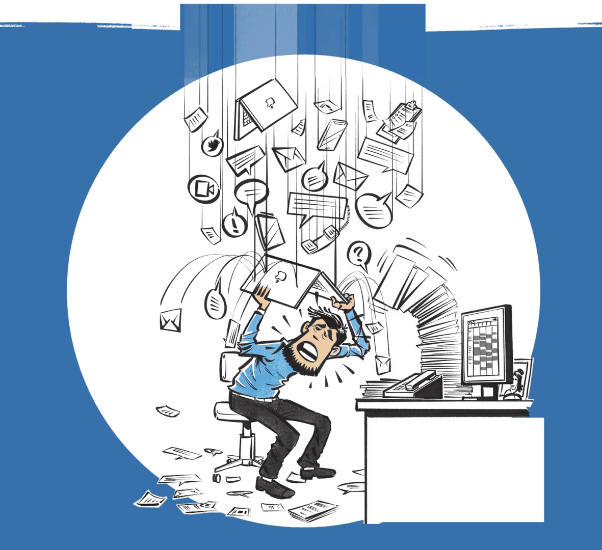 Eine frustrierte Person sitzt an einem Schreibtisch und ist überfordert, während Papiere und digitale Symbole herabregnen und den Arbeitsbereich bedecken. Der Computerbildschirm ist eingeschaltet, und überall liegen Dokumente verstreut, was die Informationsüberflutung symbolisiert.