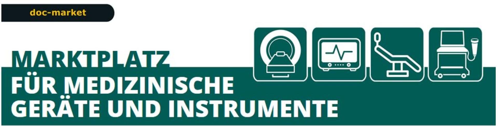 Banner mit Symbolen medizinischer Geräte, darunter ein MRT-Gerät, ein Monitor, ein Zahnarztstuhl und ein medizinischer Wagen, und deutschem Text: Marktplatz für medizinische Geräte und Instrumente.