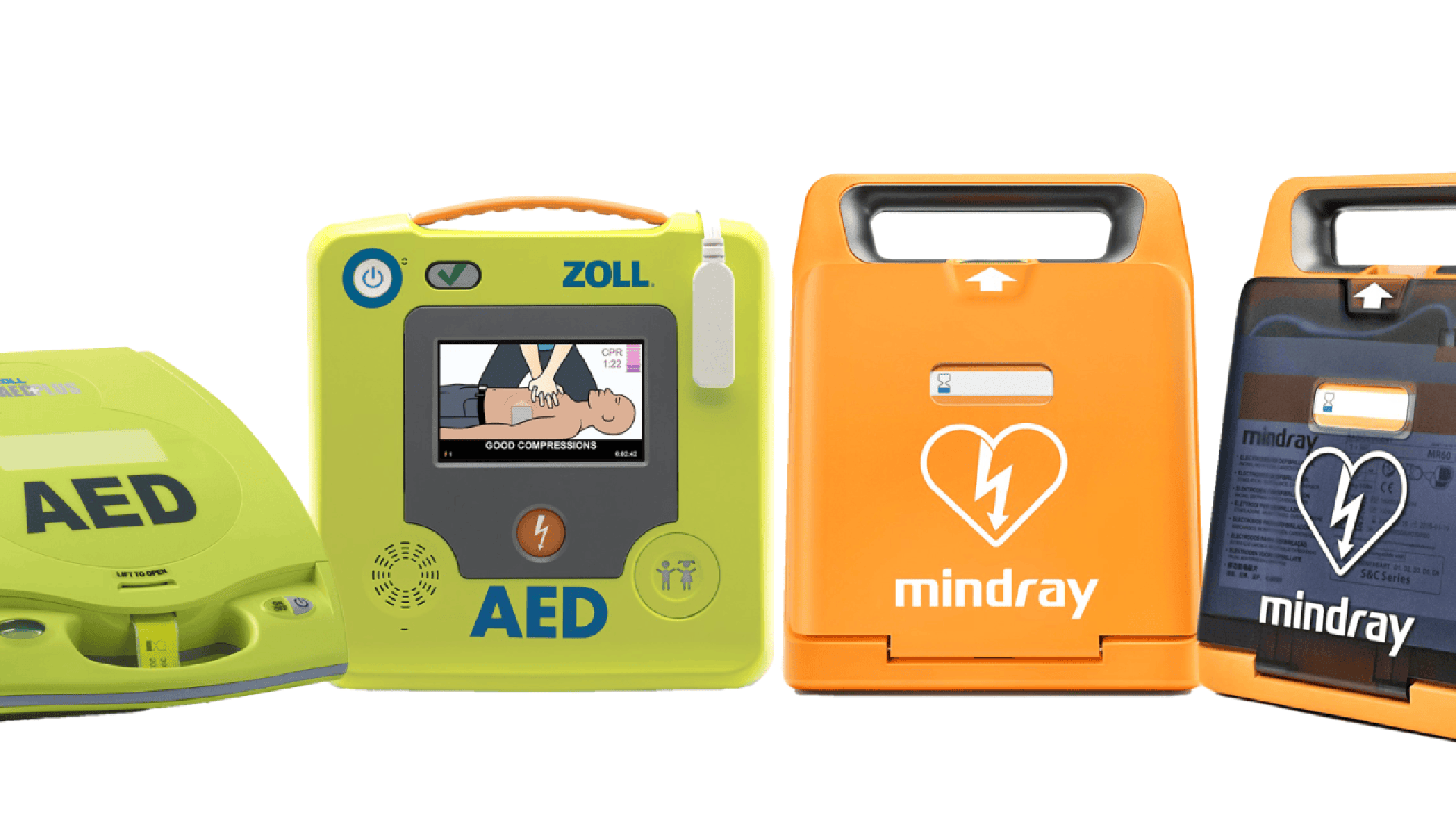 Quatre défibrillateurs externes automatisés (DEA) de couleur verte et orange sont présentés côte à côte, dont des modèles de Zoll et Mindray. Le DEA central affiche des instructions de RCP sur son écran.