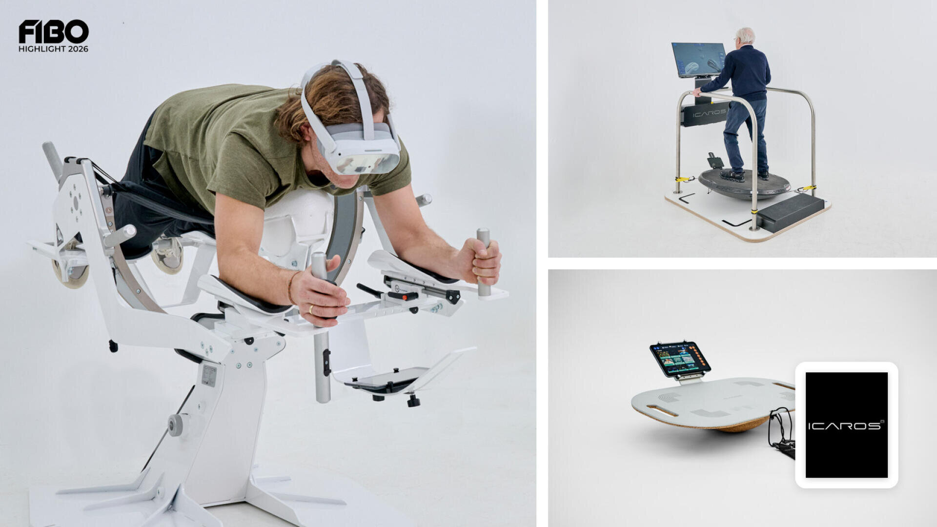 Eine Collage, die Personen zeigt, die Icaros-Fitnessgeräte nutzen, darunter einen Flugsimulator mit Virtual-Reality-Headset, eine Balanceplattform und ein Trainingsbrett für den Boden.