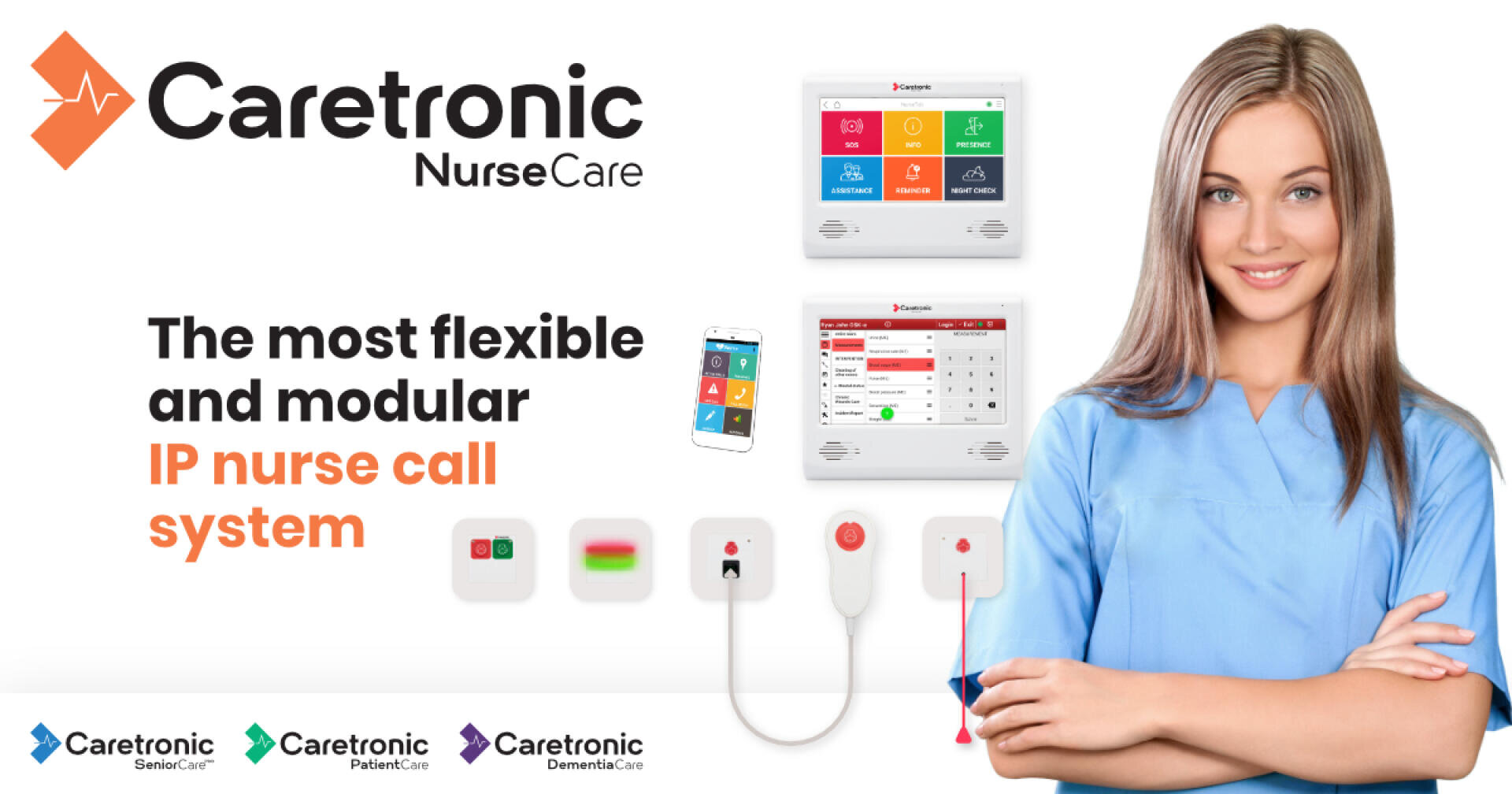 Une infirmière sourit à côté des dispositifs Caretronic NurseCare et des panneaux à écran tactile, avec un texte promouvant le système d'appel infirmier IP flexible et modulaire. Le logo Caretronic est affiché en haut à gauche.