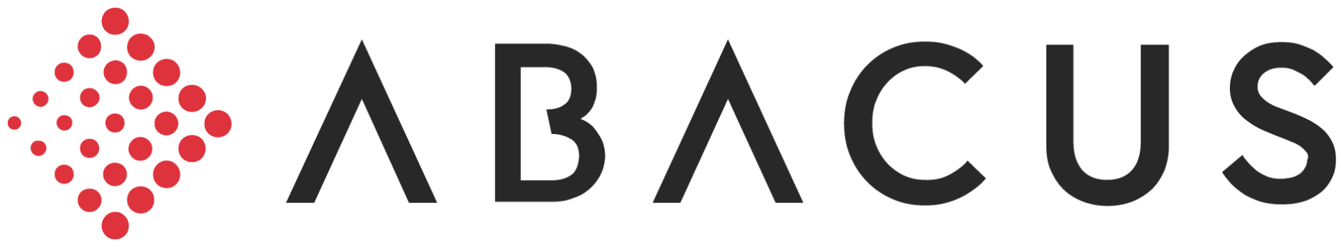 Logo mit roten Punkten, die links die Form eines Abakus bilden, und dem Wort „ABACUS“ in fetter, moderner schwarzer Schrift rechts.