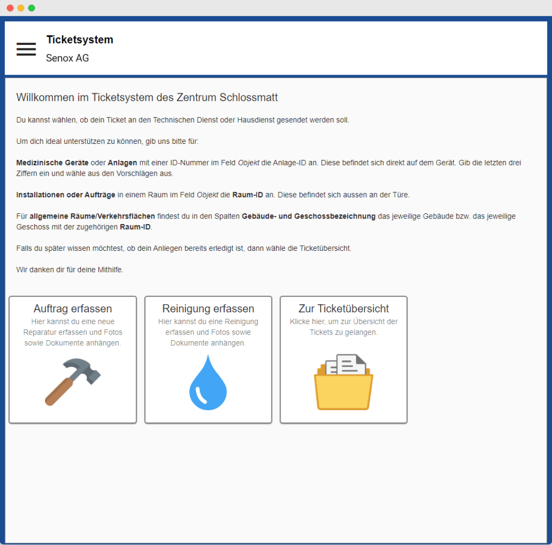 Screenshot der Startseite eines deutschen Ticket-Systems mit drei Hauptaktionsschaltflächen: Bestellung erfassen, Reinigung erfassen und Übersicht. Jede Schaltfläche verfügt über ein Symbol und eine kurze Beschreibung. Anleitungen und Navigationselemente befinden sich auf der linken Seite.