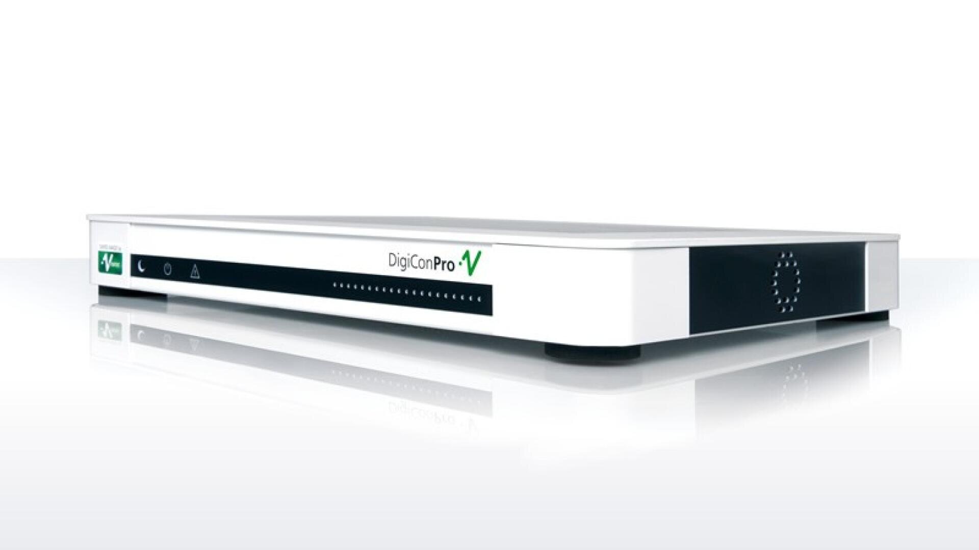 Weißes DigiConPro V-Netzwerkgerät mit Kontrollleuchten und Logo auf der Vorderseite.
