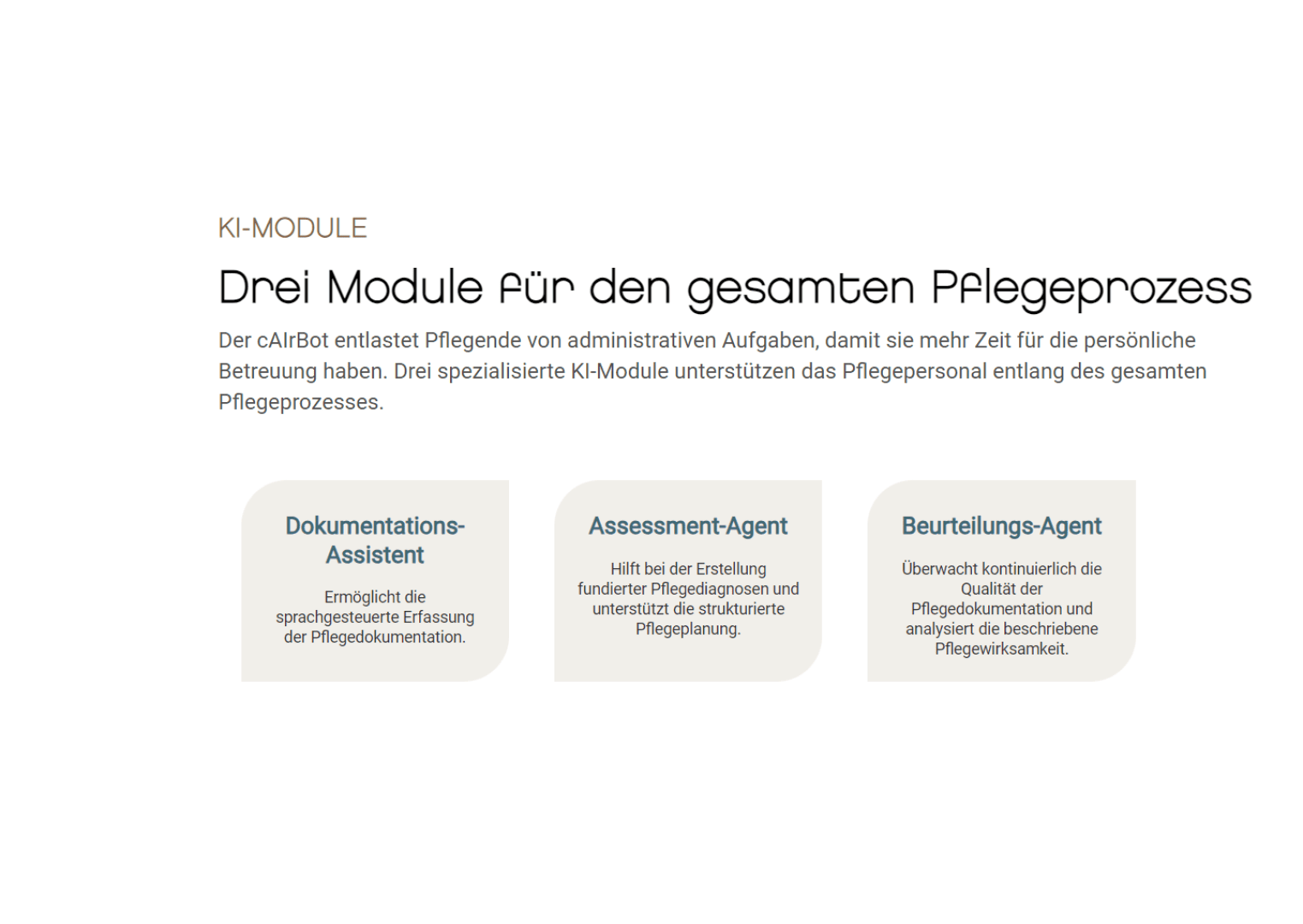 Infografik, die drei KI-Module für den Pflegeprozess zeigt: den Dokumentationsassistenten für die sprachgesteuerte Dateneingabe, den Beurteilungsagenten für Diagnose und Planung sowie den Auswertungsagenten für die Qualitätskontrolle.