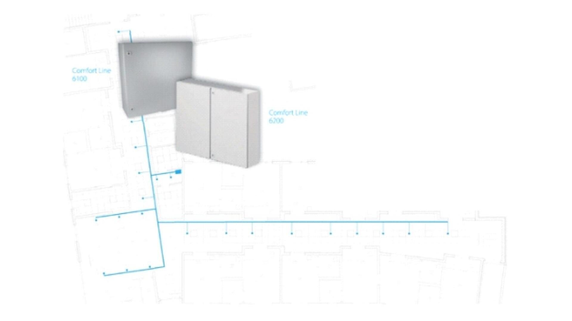 Un plan d'étage en demi-teinte est superposé à des lignes bleues reliant deux armoires électriques blanches Comfort Line 6100, mettant en évidence leur emplacement et leur câblage au sein d'un bâtiment.