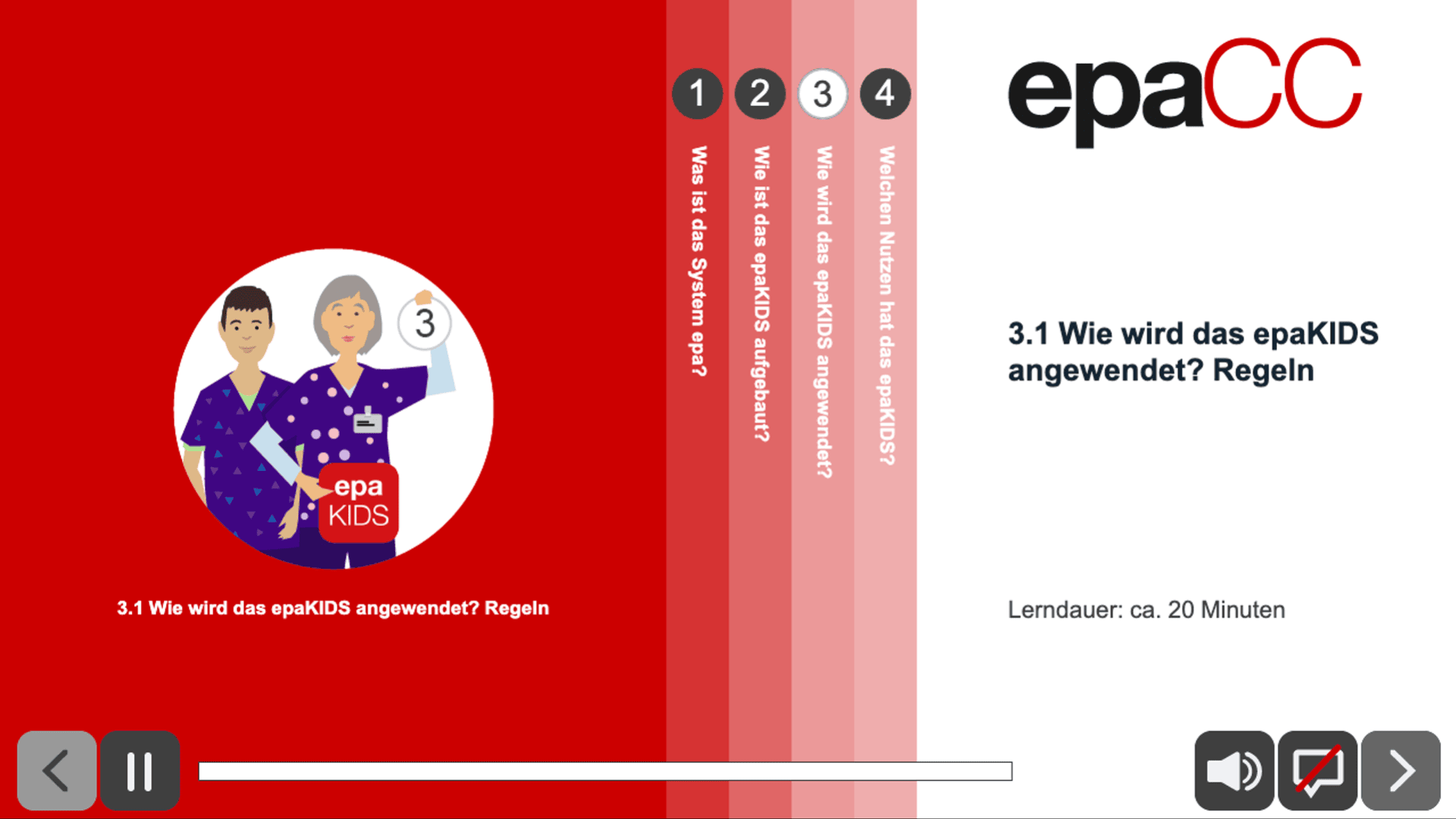 Ein Bildschirm des digitalen Lernmoduls zeigt 3.1 Wie wird das epaKIDS angewendet? Regeln mit einer Karikatur von zwei Erwachsenen, die ein epaKIDS-Schild halten. Die Symbole für die Navigation und die Audiosteuerung erscheinen am unteren Rand.