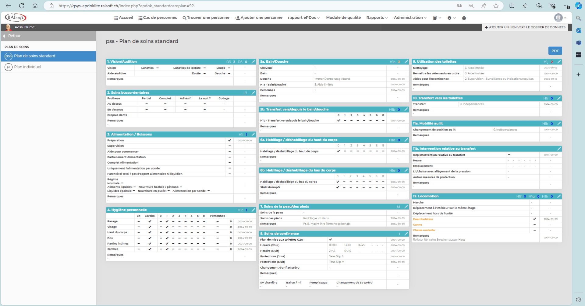 Capture d'écran de l'interface d'un logiciel médical montrant un plan de soins détaillé avec de multiples sections, y compris l'évaluation, les interventions, la surveillance, la médication et la prévention des risques, affichées dans une grille.