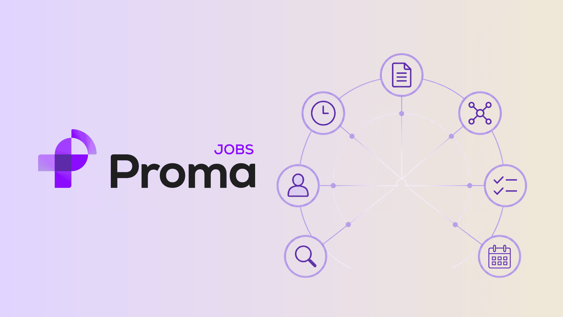Das Proma Jobs-Logo neben einer Grafik mit sechs Symbolen, die kreisförmig angeordnet und durch Linien mit einem zentralen Punkt verbunden sind.