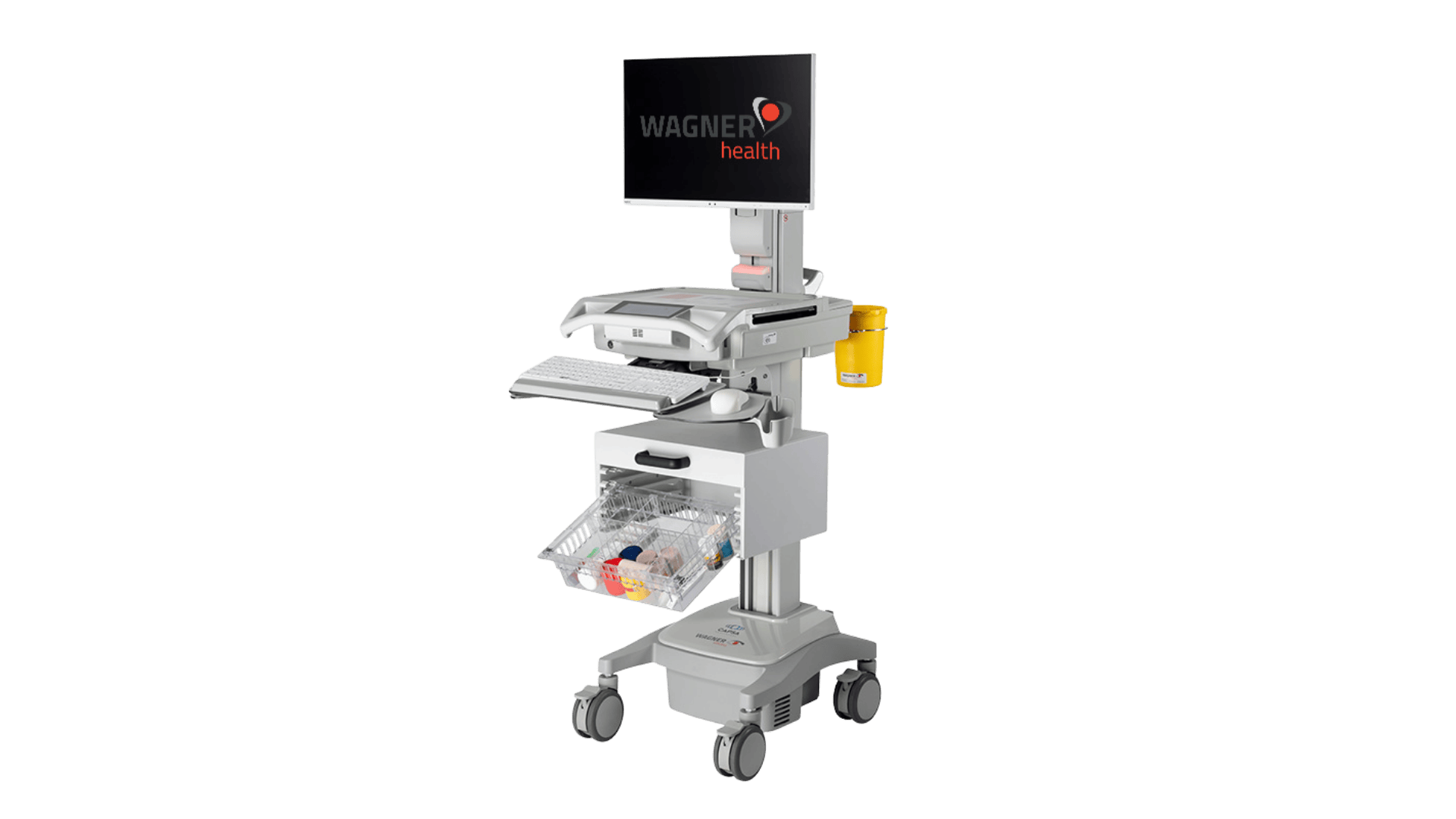 Ein mobiler medizinischer Arbeitsplatz auf Rädern mit einem Monitor, auf dem „WAGNER health“ angezeigt wird, einer Tastatur, Staufächern und einem an der Seite befestigten gelben Behälter.