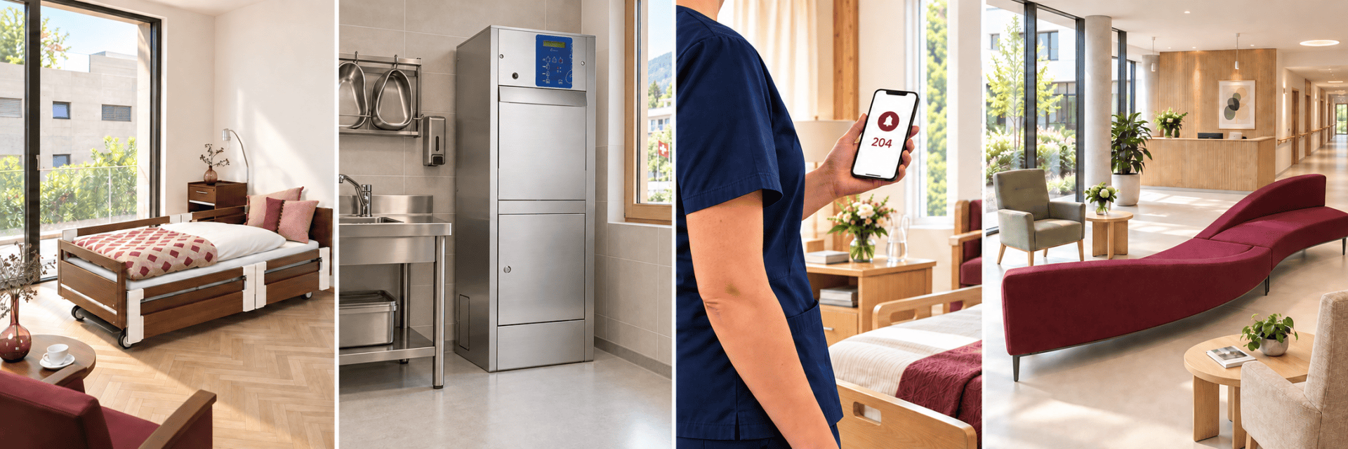Ein zusammengesetztes Bild, das ein Patientenzimmer mit einem Holzbett, eine Reinigungsstation für medizinische Geräte, eine Krankenschwester, die eine Benachrichtigung auf ihrem Handy liest, sowie eine geräumige Lobby der Einrichtung mit Sitzgelegenheiten zeigt.