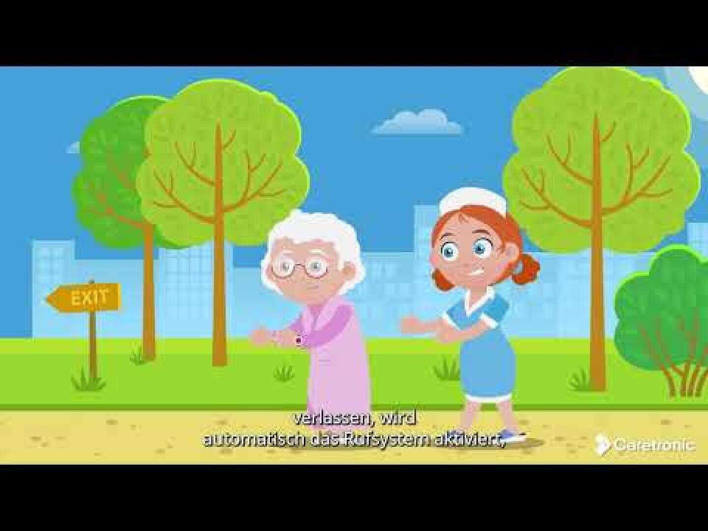 Eine Karikatur einer Krankenschwester in blauer Kleidung hilft einer älteren Frau mit weißem Haar, im Park spazieren zu gehen. Im Hintergrund sind Bäume, Büsche und ein „EXIT“-Schild zu sehen. Am unteren Bildrand sind deutsche Untertitel eingeblendet.