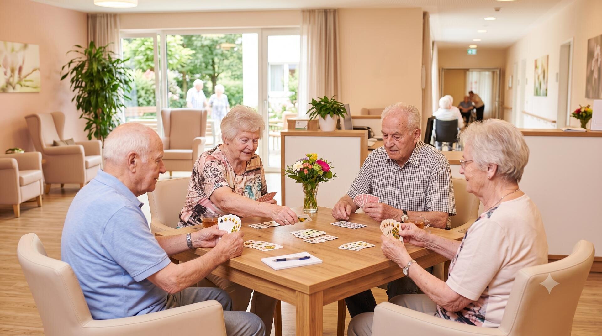 Vier ältere Menschen sitzen um einen Holztisch herum und spielen Karten in einem hellen, gemütlichen Raum mit großen Fenstern, Sesseln und Blumen auf dem Tisch. Draußen sind zwei weitere Personen zu sehen, die die grüne Umgebung genießen.