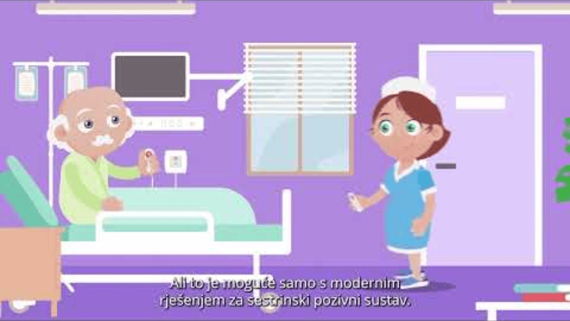 Une illustration montre un homme âgé dans un lit d'hôpital tenant un bouton d'appel d'infirmière, tandis qu'une infirmière se tient à proximité. La pièce est équipée de matériel médical, d'une fenêtre avec des stores et de sous-titres en croate en bas.