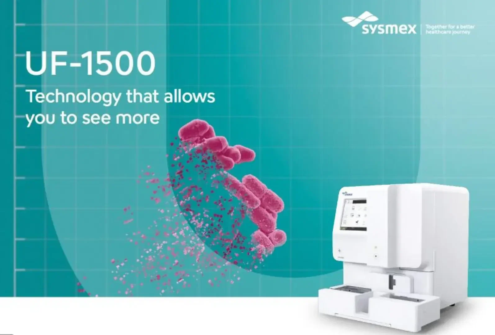 Ein Sysmex UF-1500 medizinisches Analysegerät wird neben schwebenden rosa mikroskopischen Zellen auf einem blauen Gitterhintergrund angezeigt. Der Text lautet: UF-1500 Technologie, mit der Sie mehr sehen können.