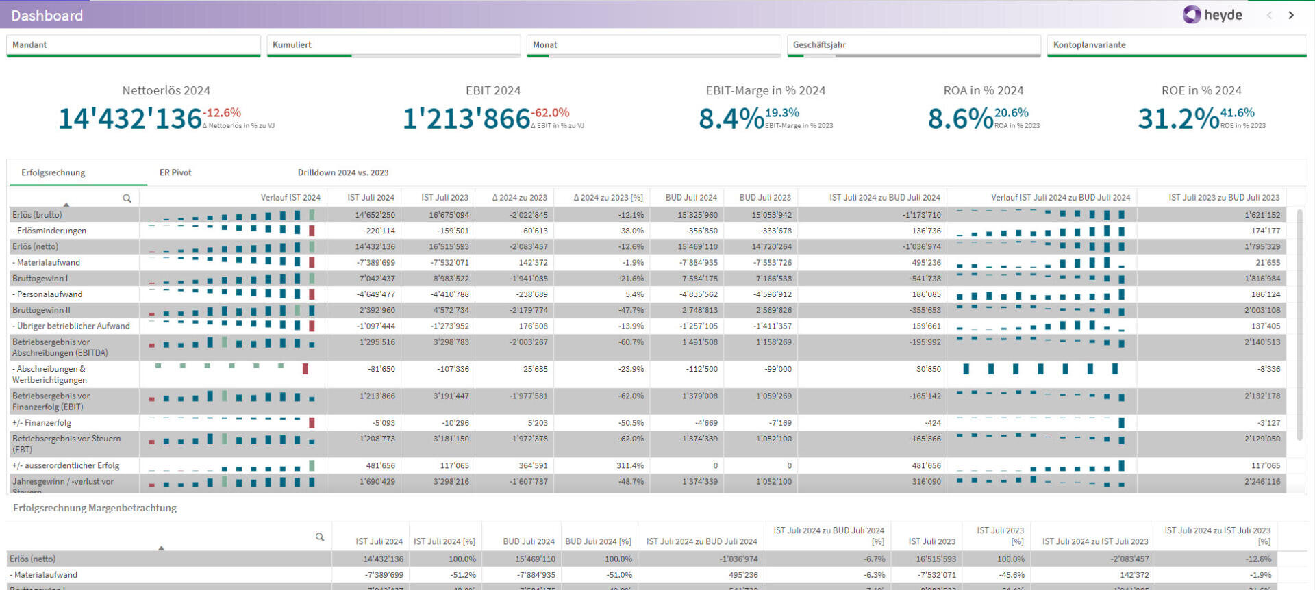 Ein Dashboard zeigt die Finanzkennzahlen des Unternehmens für das Jahr 2024, einschließlich Nettoumsatz, EBIT, EBIT-Marge, ROA und ROE, mit Tabellen und Balkendiagrammen, die die Werte nach Kategorien wie Kundensegmenten und Markt aufschlüsseln.