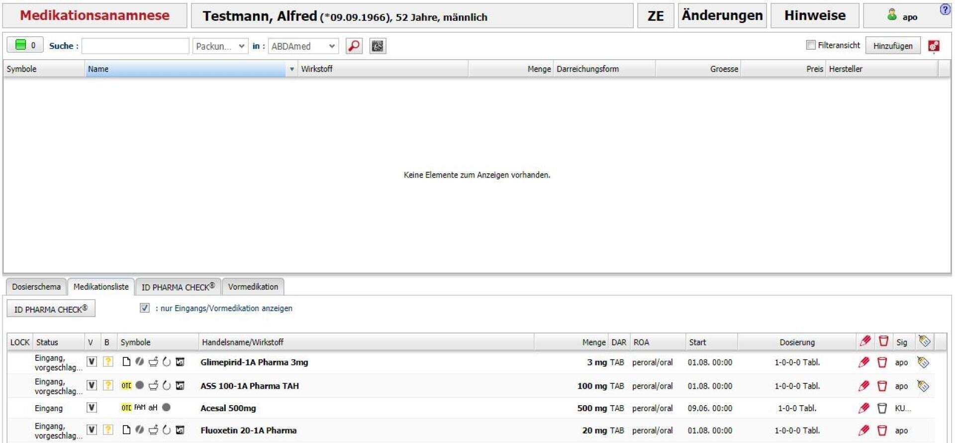 Screenshot einer Software zur Behandlungsverwaltung, in der vier Medikamente aufgeführt sind, jeweils mit der Dosierung, dem Beginn und dem Ende der Behandlung sowie dem Namen des verschreibenden Arztes und der Apotheke. Die obere Hälfte des Bildschirms enthält keine Einträge.