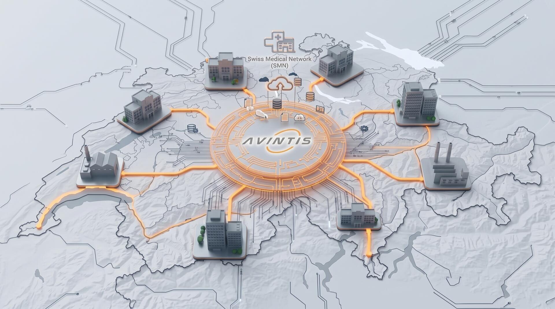 Eine digitale Karte der Schweiz zeigt Gebäude, die durch orangefarbene Linien mit einem zentralen Knotenpunkt namens „AVINTIS“ verbunden sind, wobei „Swiss Medical Network“ (SMN) oben in der Mitte verzeichnet ist.