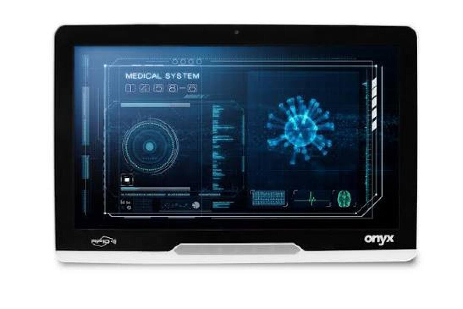 Auf einem Computermonitor ist die Benutzeroberfläche eines futuristischen medizinischen Systems zu sehen, darunter ein digitales Bild eines Virus oder einer Zelle, verschiedene Datendiagramme und technische Grafiken. Der Bildschirm ist in Blautönen gehalten, und der Monitor trägt die Bezeichnung „Onyx“.