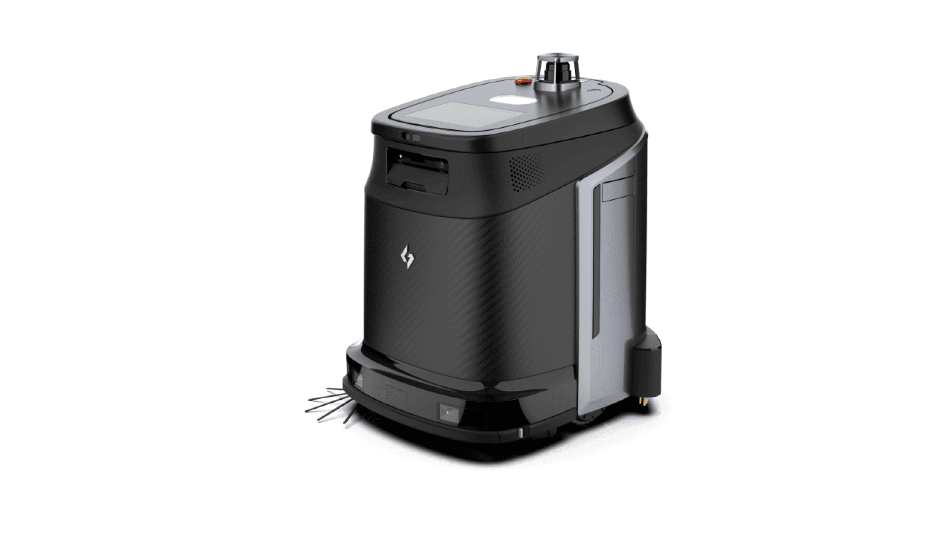 Aspirateur robot noir, moderne et élégant, de forme carrée et verticale, avec un petit écran sur le dessus et des brosses latérales visibles, sur fond blanc.