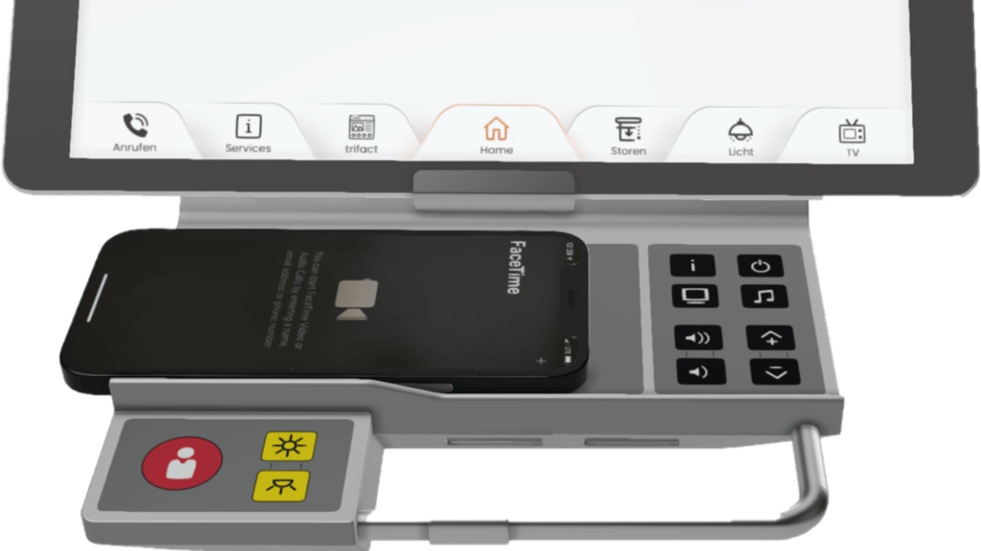 Ein Smartphone liegt auf einer Dockingstation mit verschiedenen taktilen Tasten, darunter solche mit Symbolen für eine Person, eine Sonne und einen Schlüssel. Im Hintergrund ist ein Tablet-Bildschirm zu sehen, der eine Benutzeroberfläche anzeigt.